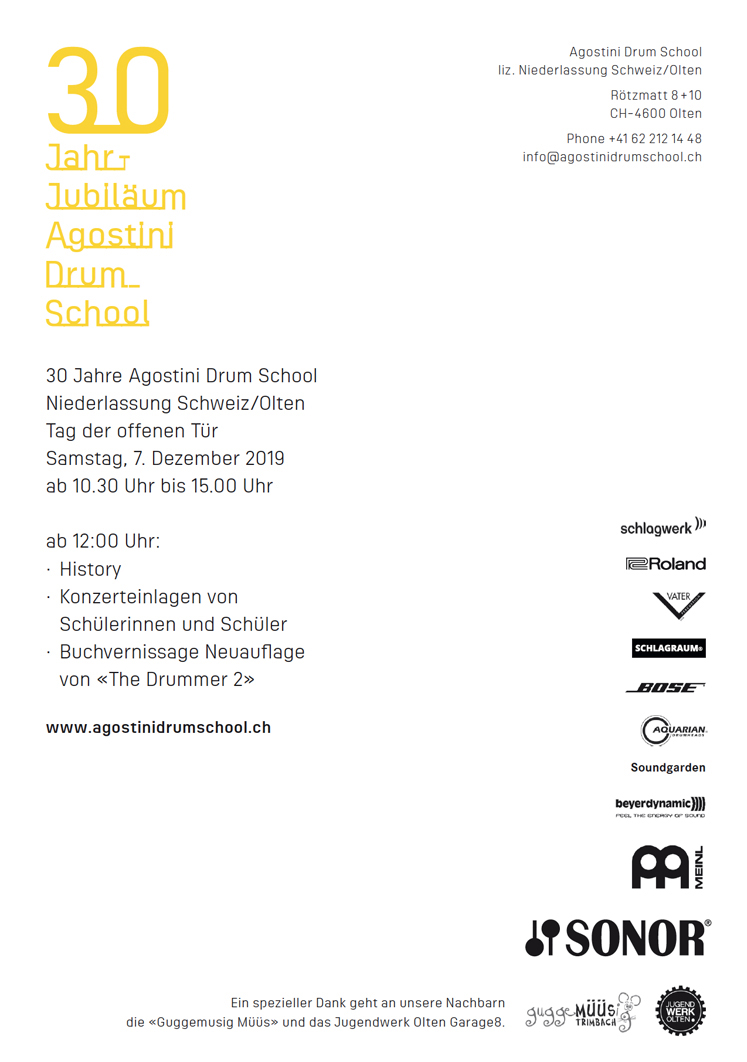 Flyer 30 Jahre Agostini Drum School Schweiz no_shadow